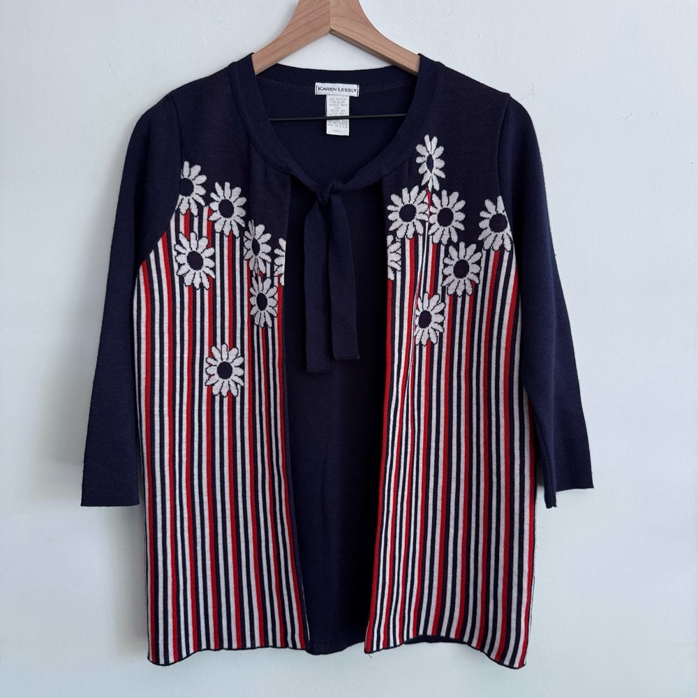 Vintage 80s 90s Karen Lessly‎ Mod Daisy Flora Navy Open Front Cardigan Sweater S